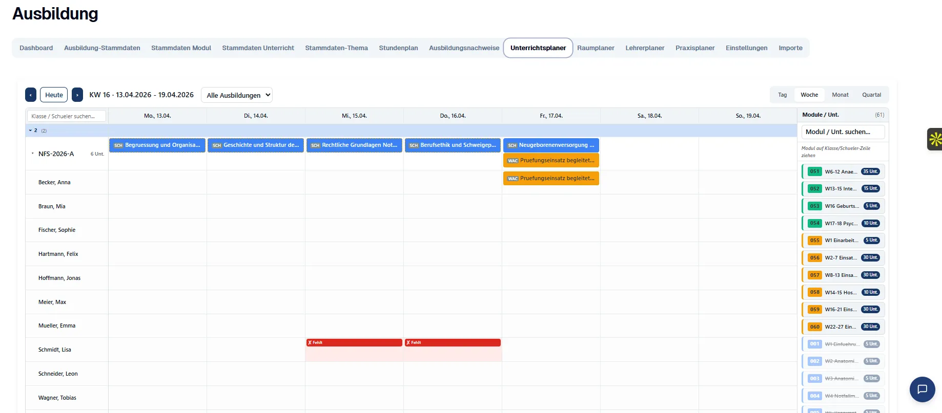 Unterrichte in den Stundenplan verplanen.
